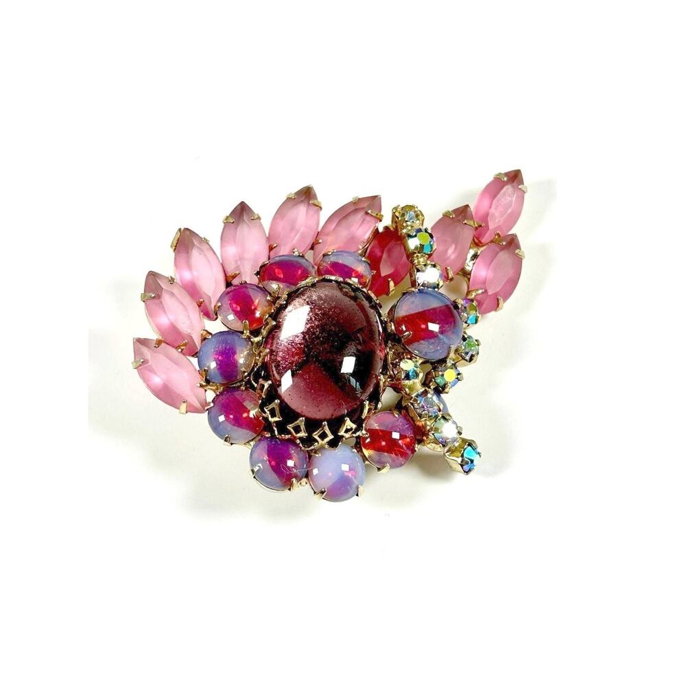 Vintage Pink Stripe Givre Glass Rhinestone Floral Brooch Pin Unsigned Beauty